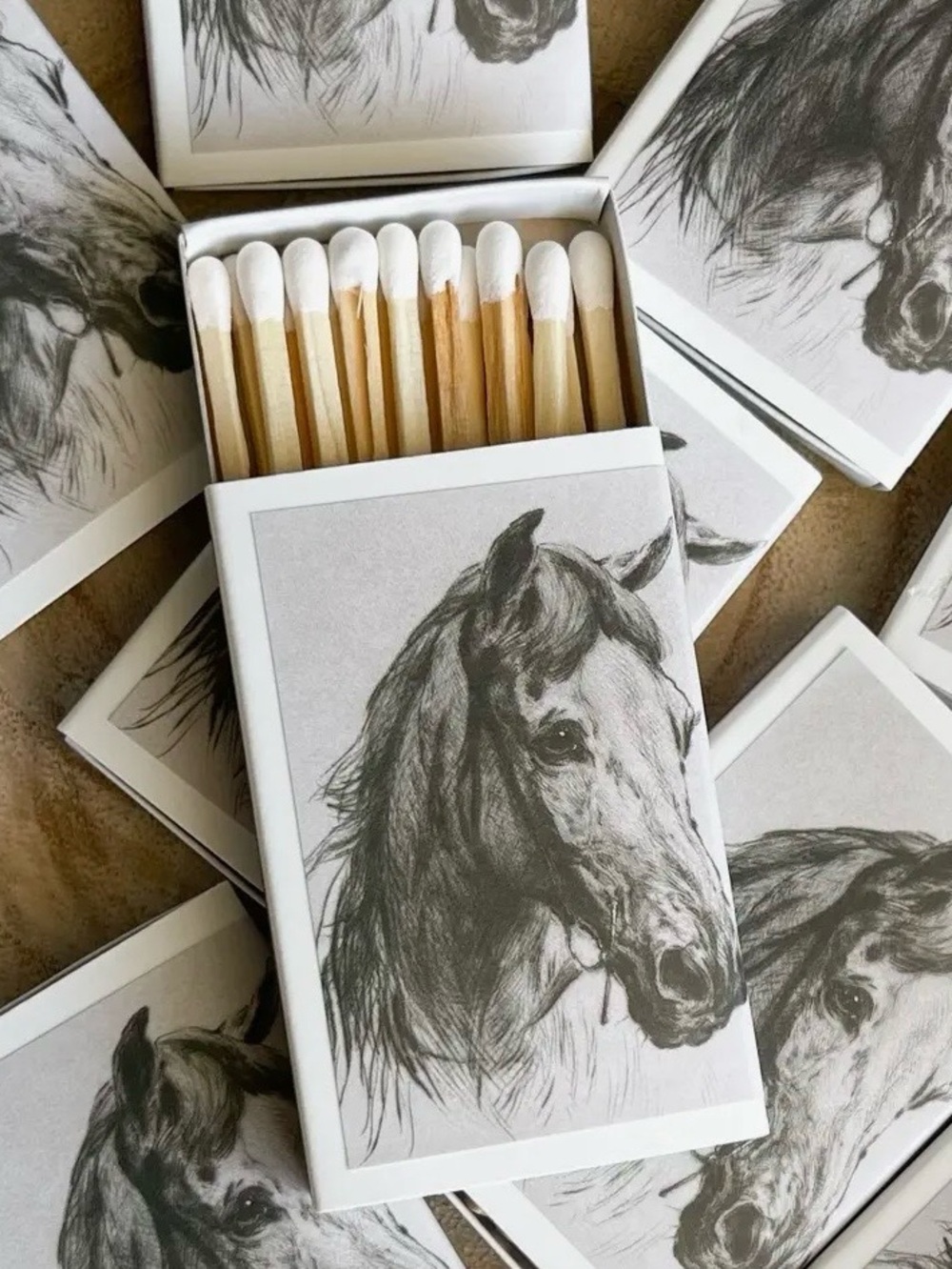 Horse Illustration Matchboxes - White & Natural Wood New in Box